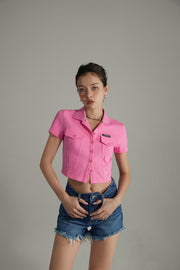 Colored Pocket Cropped Button Shirt