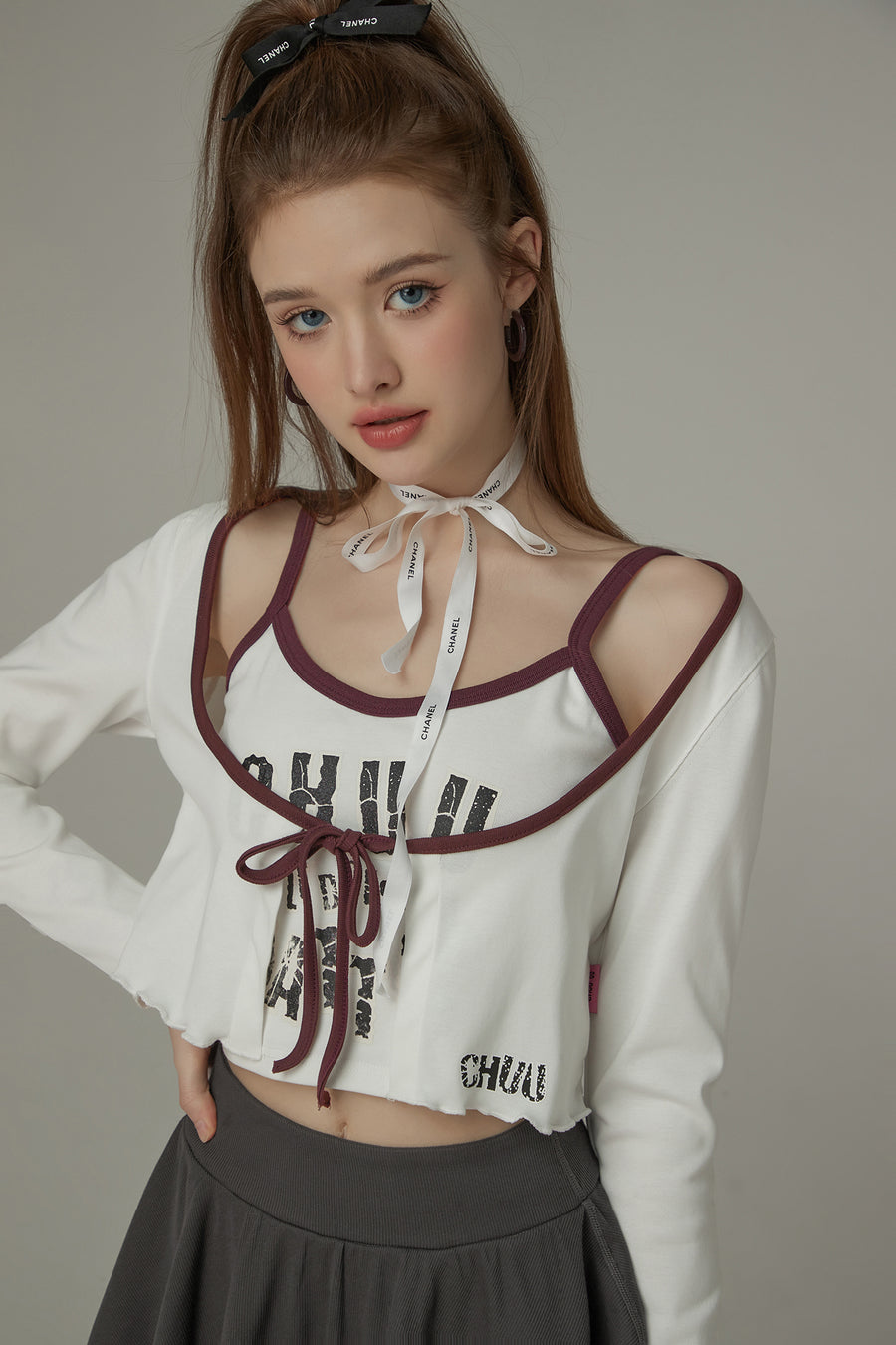 CHUU Ruffled Hem Ribbon Long Sleeve Cardigan