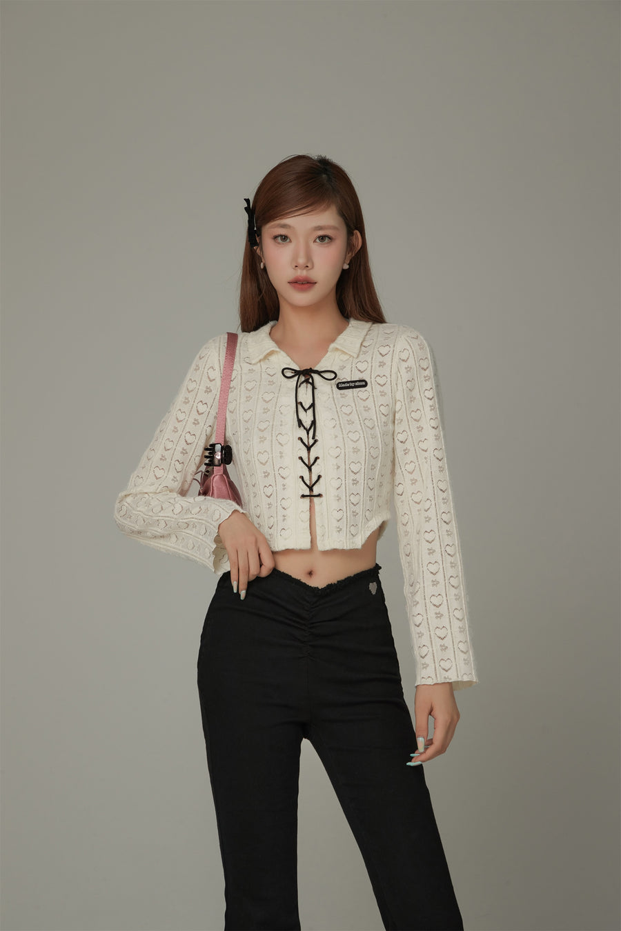 CHUU Heart Pattern Bow Lace Up Crop Blouse