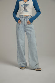 Lined Stitch Wide Denim Pants