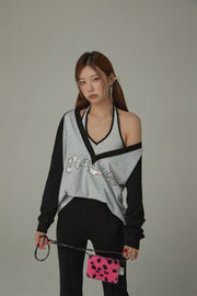 Letter Printed V-Neck Halter Layered Loosefit Sweatshirt