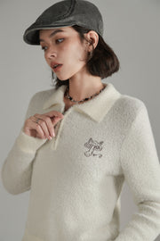 Mushroom Half Zip-Up Knit Sweater