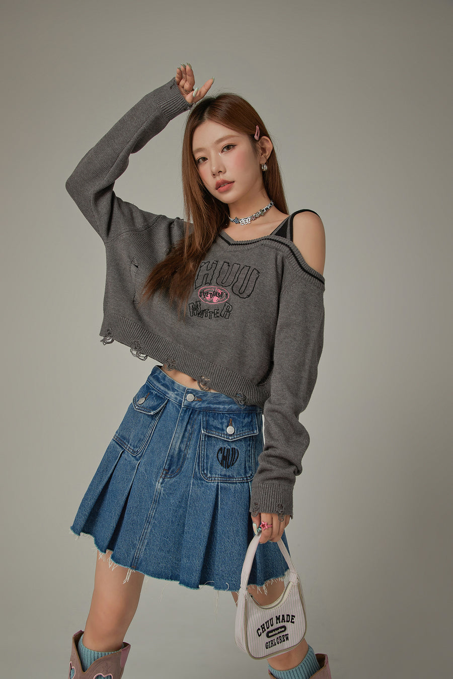 CHUU One Shoulder Cropped Loose Fit Knit Sweater