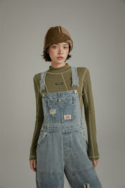 Knee Damaged Denim Overalls