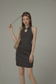 Halter Neck Front Keyhole Shirred Dress