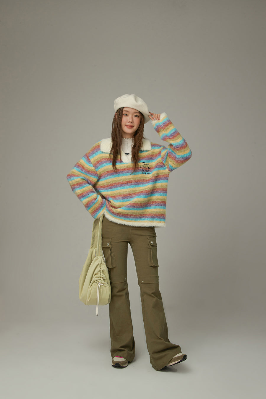 CHUU Collar Rainbow Stripe Knit Sweater