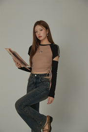 Star Logo Cutout Shirring Waist Long Sleeves Top