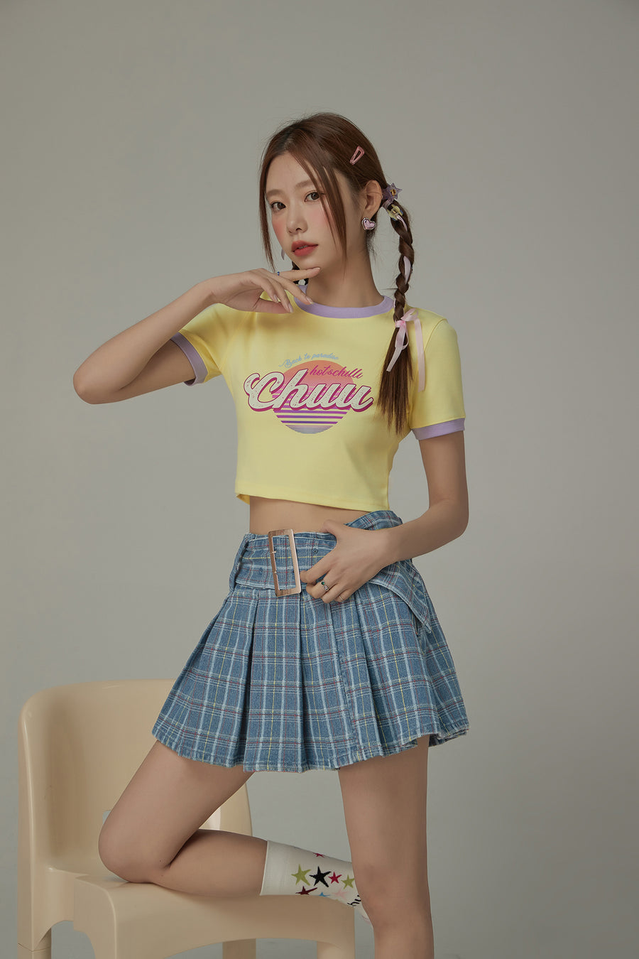 CHUU Check Pleated Big Belt Mini Skirt