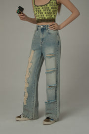 Cotton Distressed Denim Straight Leg Jeans