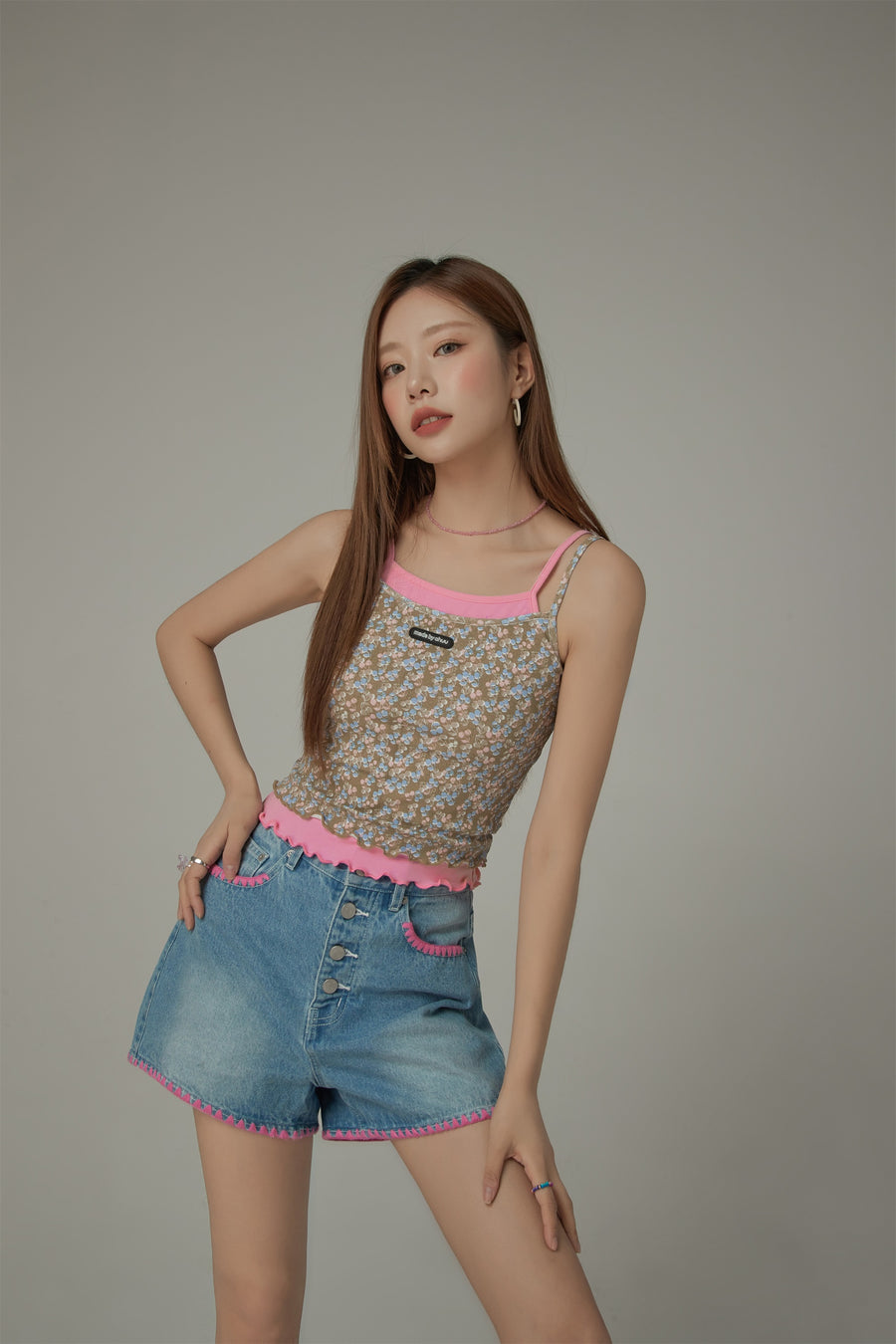 CHUU Cherry Ruffle Sleeveless Strap Top