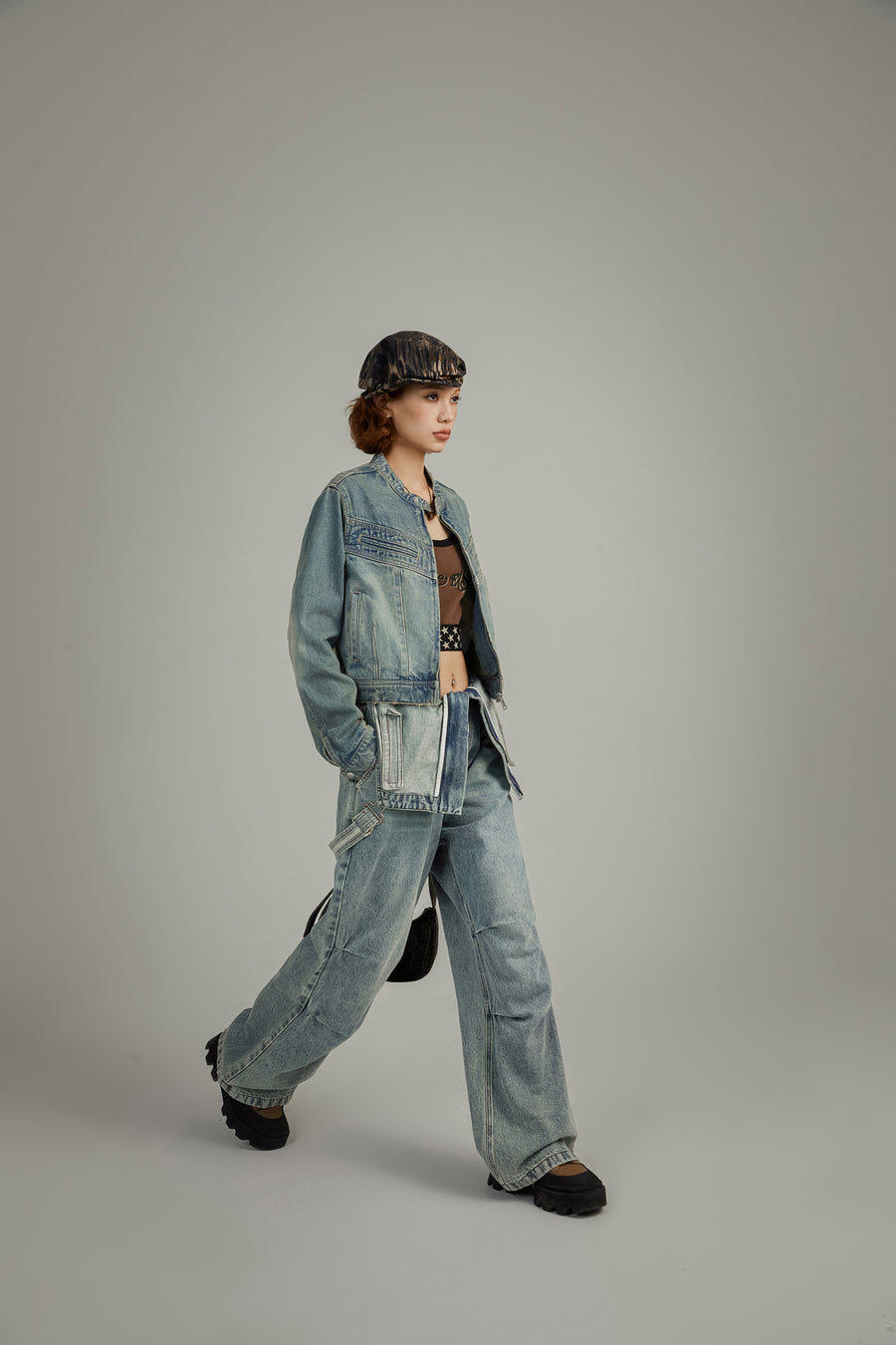 CHUU Neck Button Washed Denim Jacket