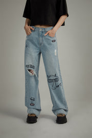 Mushroom Design Ripped Wide Denim Jeans