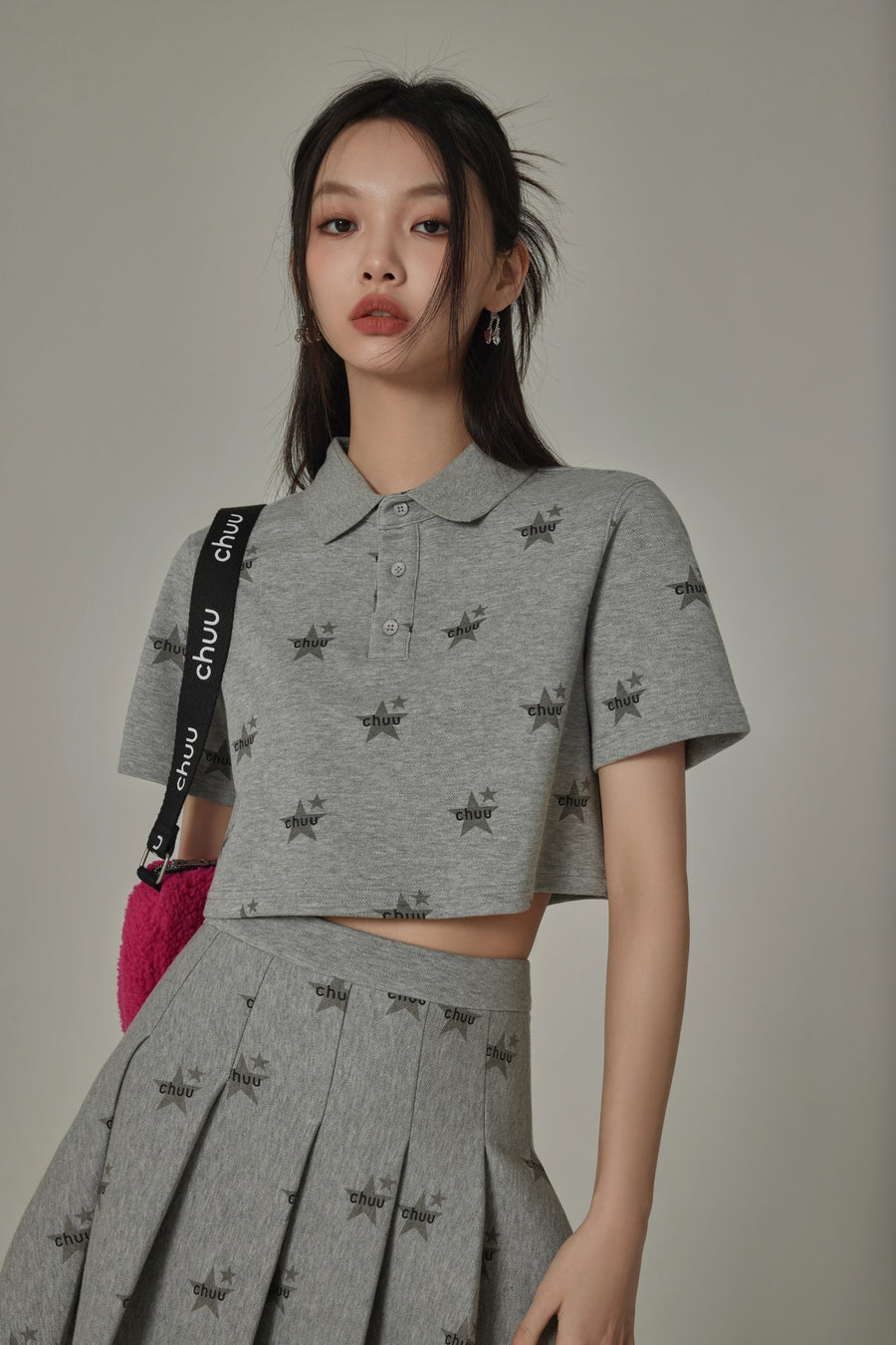 CHUU Chuu Star Pattern Button Up Collar Cropped T-Shirt