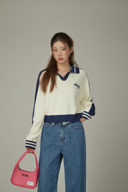 Open Collar Color Knit Sweater