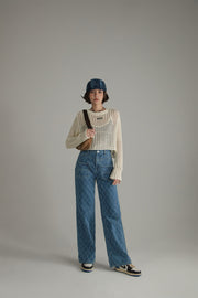 Vintage Argyle Pattern Wide Denim Jeans