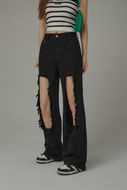 High Waist Distressed Ripped Open Wide-Leg Pants