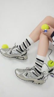 Two Toned Striped Chuu Lettering High Socks
