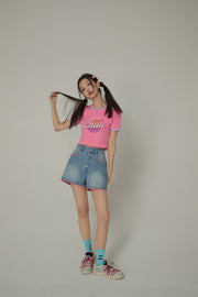 Color Line Button Denim Shorts