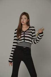 Button Stripe Color Knit Sweater