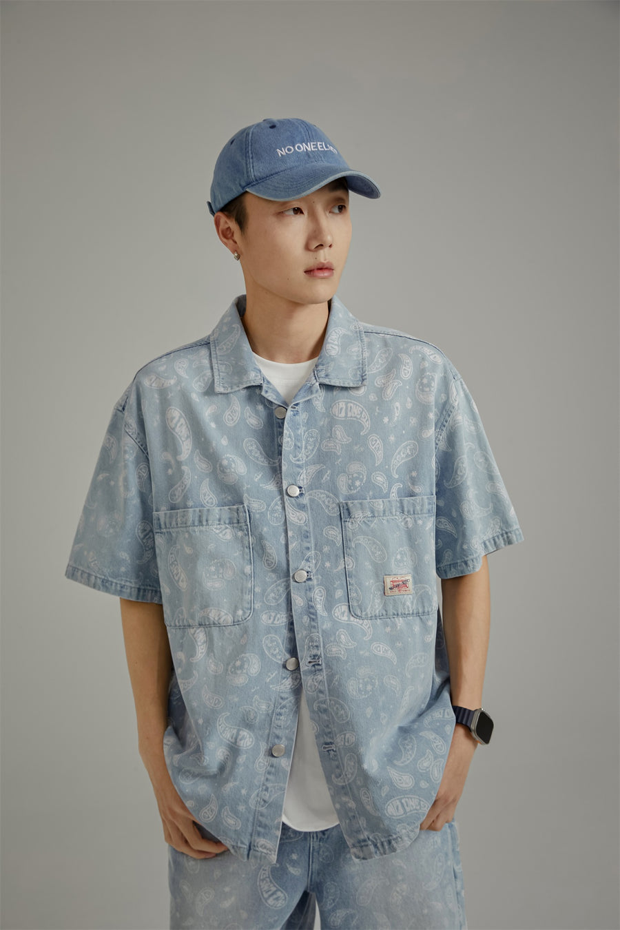 CHUU Logo Paisley Loose Fit Denim Shirt