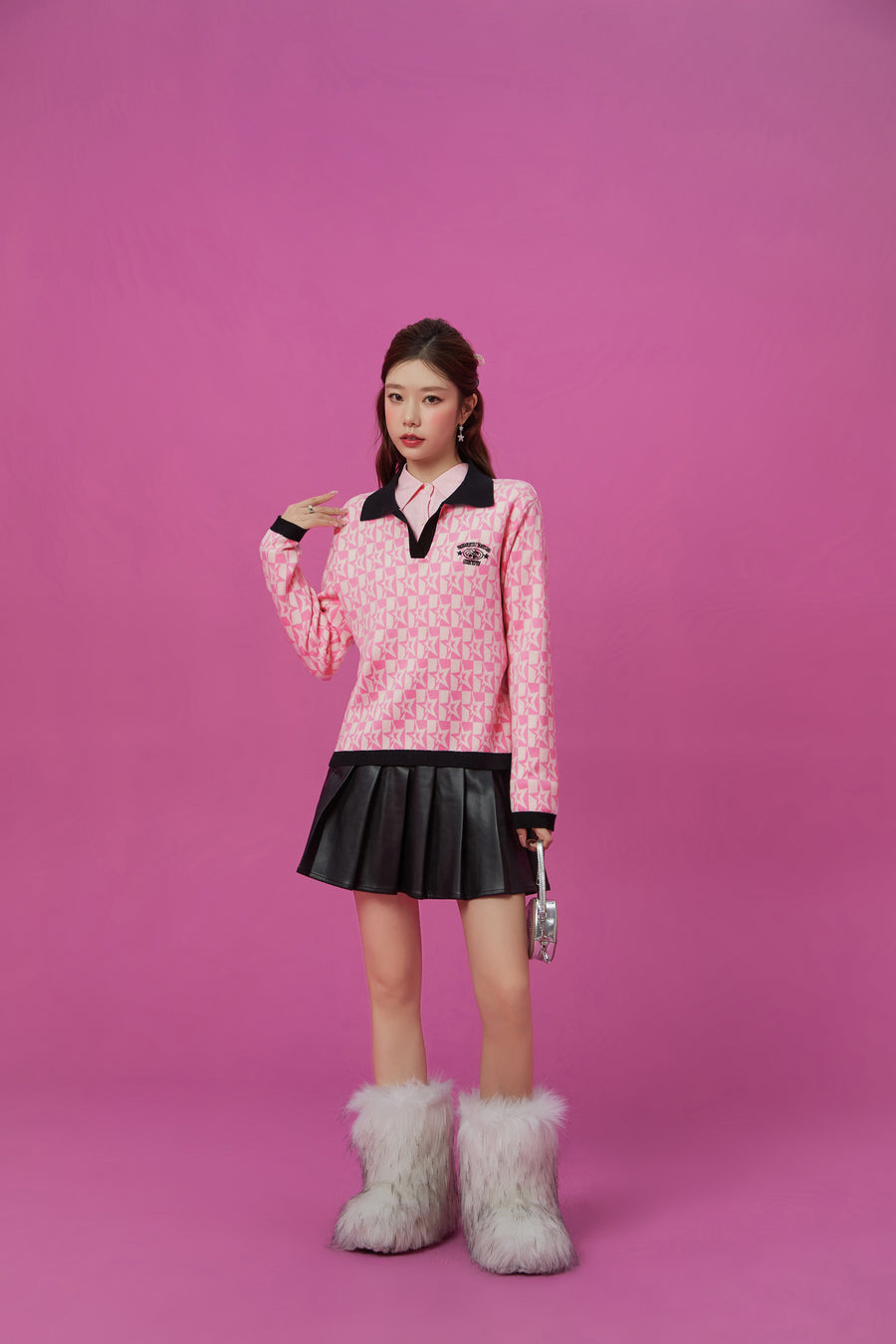 CHUU Open Collar Star Knit Sweater