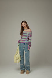 Off-Shoulder Color Stripe Knit Sweater