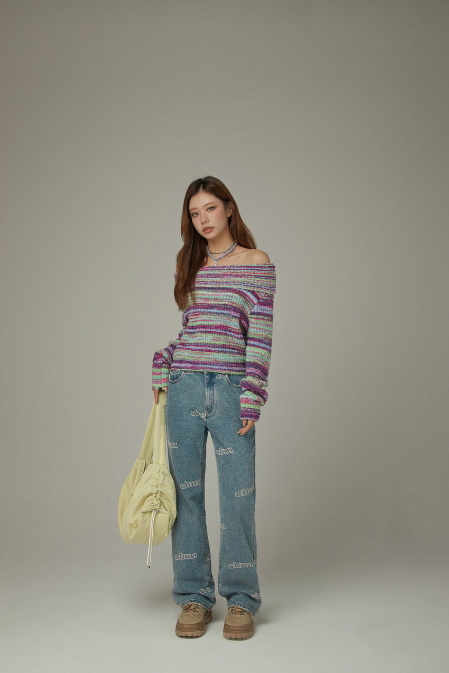 CHUU Off-Shoulder Color Stripe Knit Sweater