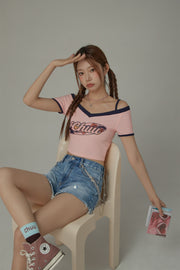 Chuu Lettering Off-The-Shoulder Crop T-Shirt