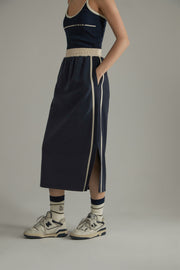 Elastic Waist Contrast Color Slit Mid Length Sporty Skirt