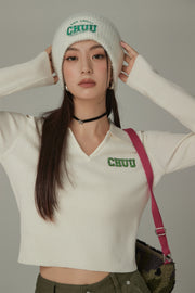 Logo V-Neck Open Shoulder Top