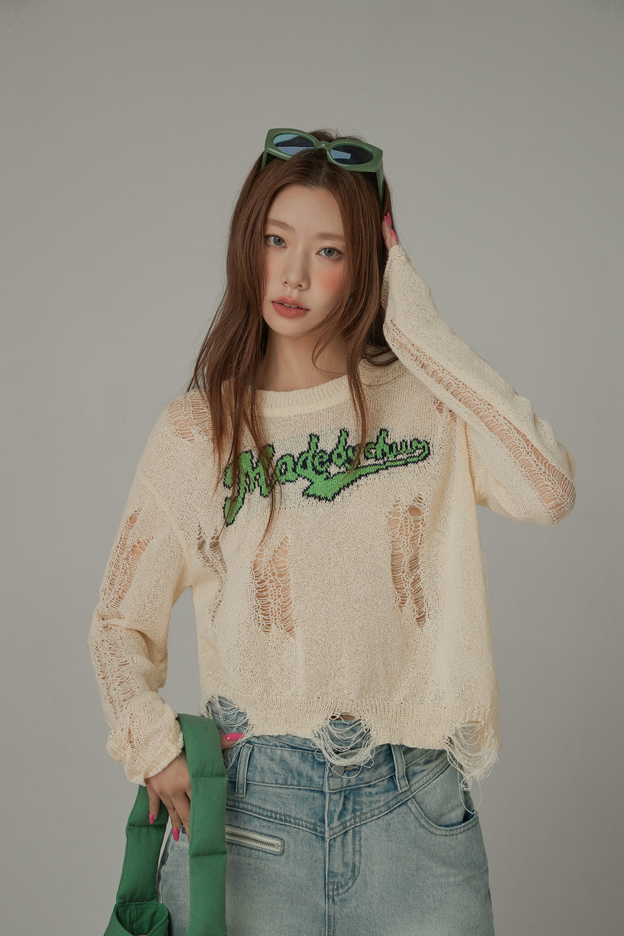 CHUU Distressed Long Sleeve Unbalanced Knit Top