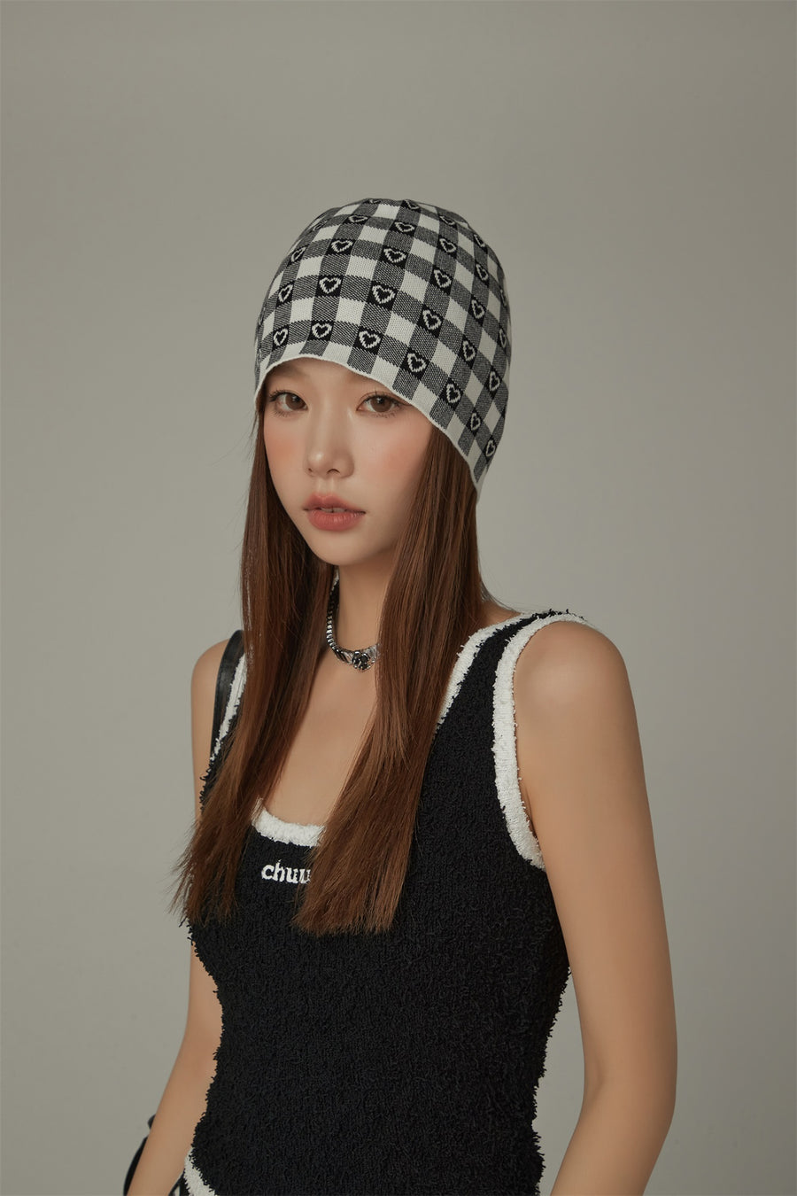 CHUU Check Heart Beanie