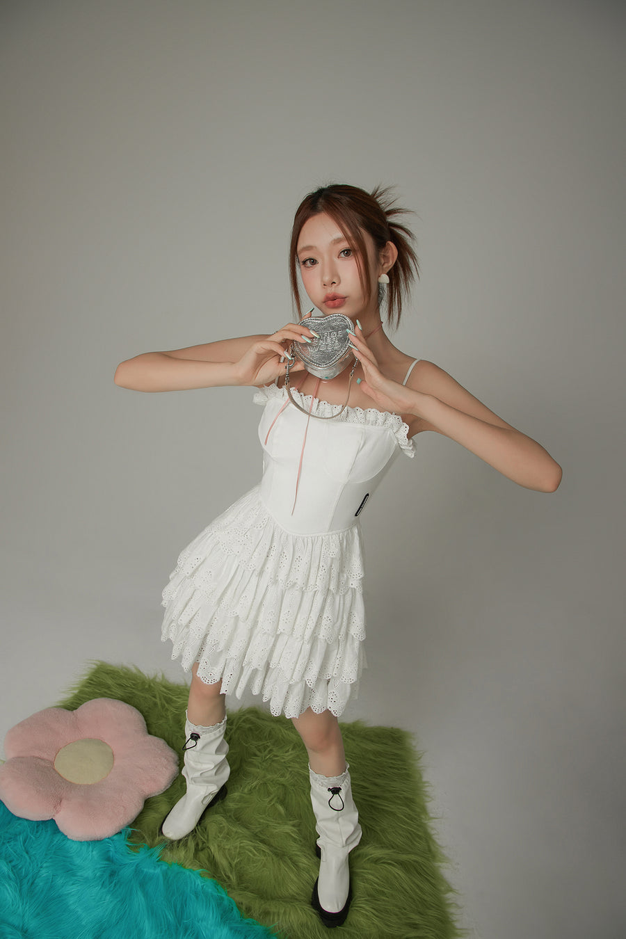CHUU Lace Layered Ruffle Corset Strap Mini Dress