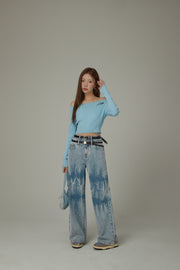 Double Belted Washed Straight Wide Jeans