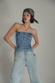 Tube Top Multi Buttons Denim Jumpsuit