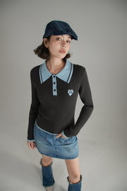 Polo Neck Color Combination Knit Top