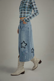 Star Denim Long Slit Skirt