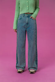 Frayed Denim Color Lined Straight Jeans