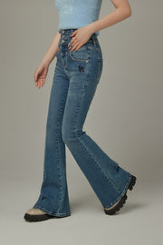 Heart Embroidered Bootcut Denim Jeans