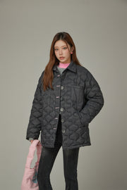 Lettering Quilted Padded Button Jacket