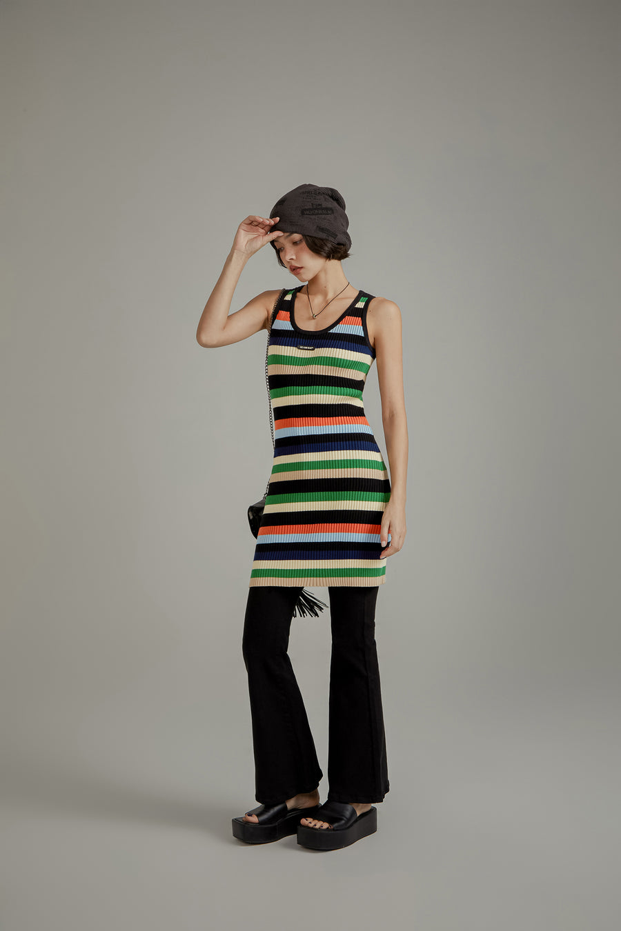 CHUU Color Contrast Striped Sleeveless Knit Dress