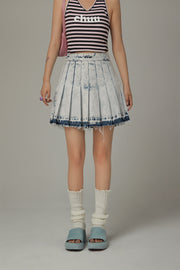 Raw Hem Denim Pleated Skirt