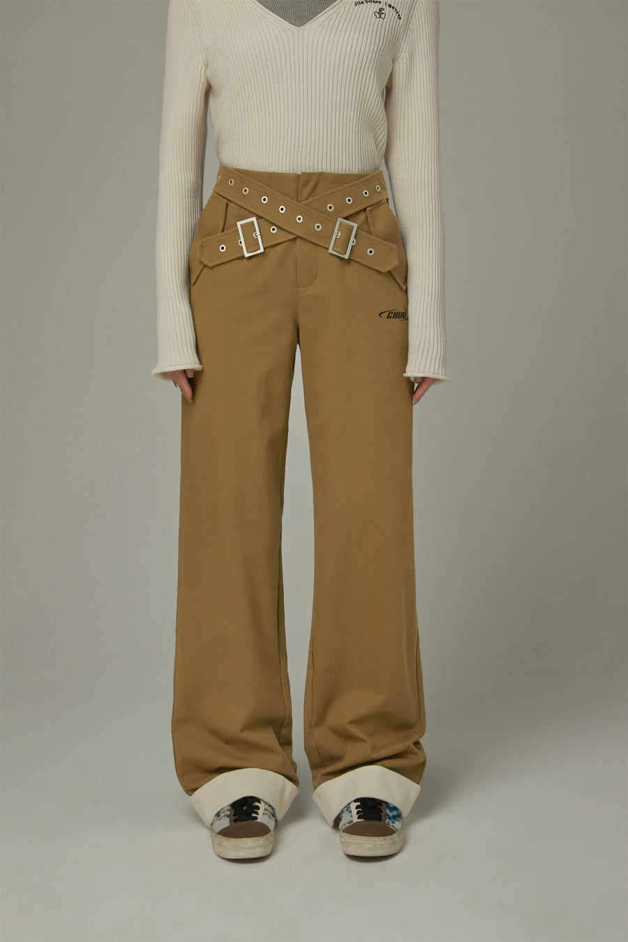 CHUU Criss Cross Belt Roll-Up Wide Pants