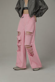 Distressed Wide Color Loosefit Denim Pants