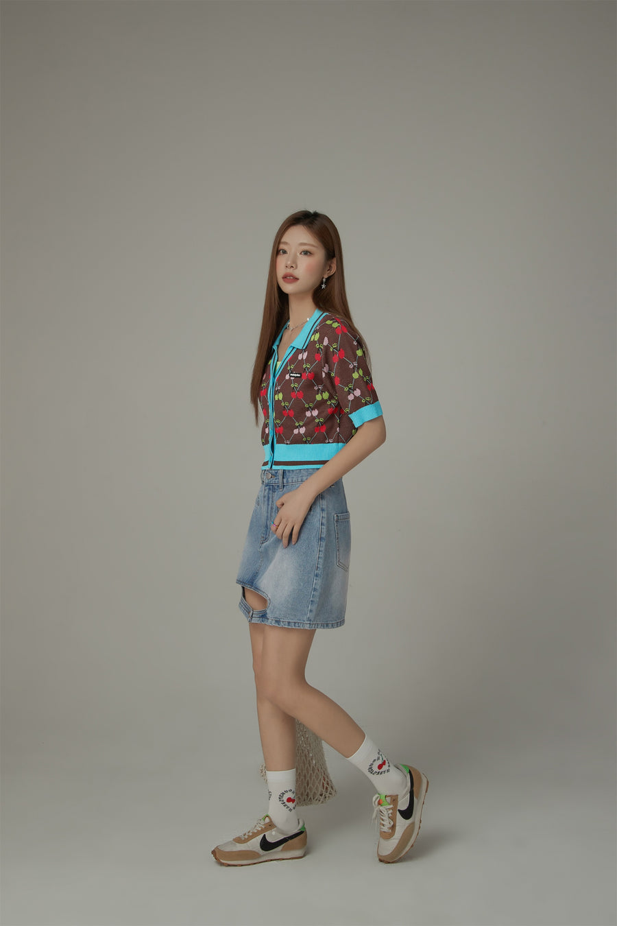 CHUU Cherry Argyle Colored Short Sleeve Knit Cardigan