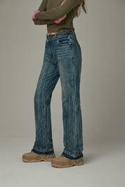 Wavy Raw Hem Bootcut Denim Jeans