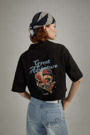 Great Adventure Back Print Open Collar Top