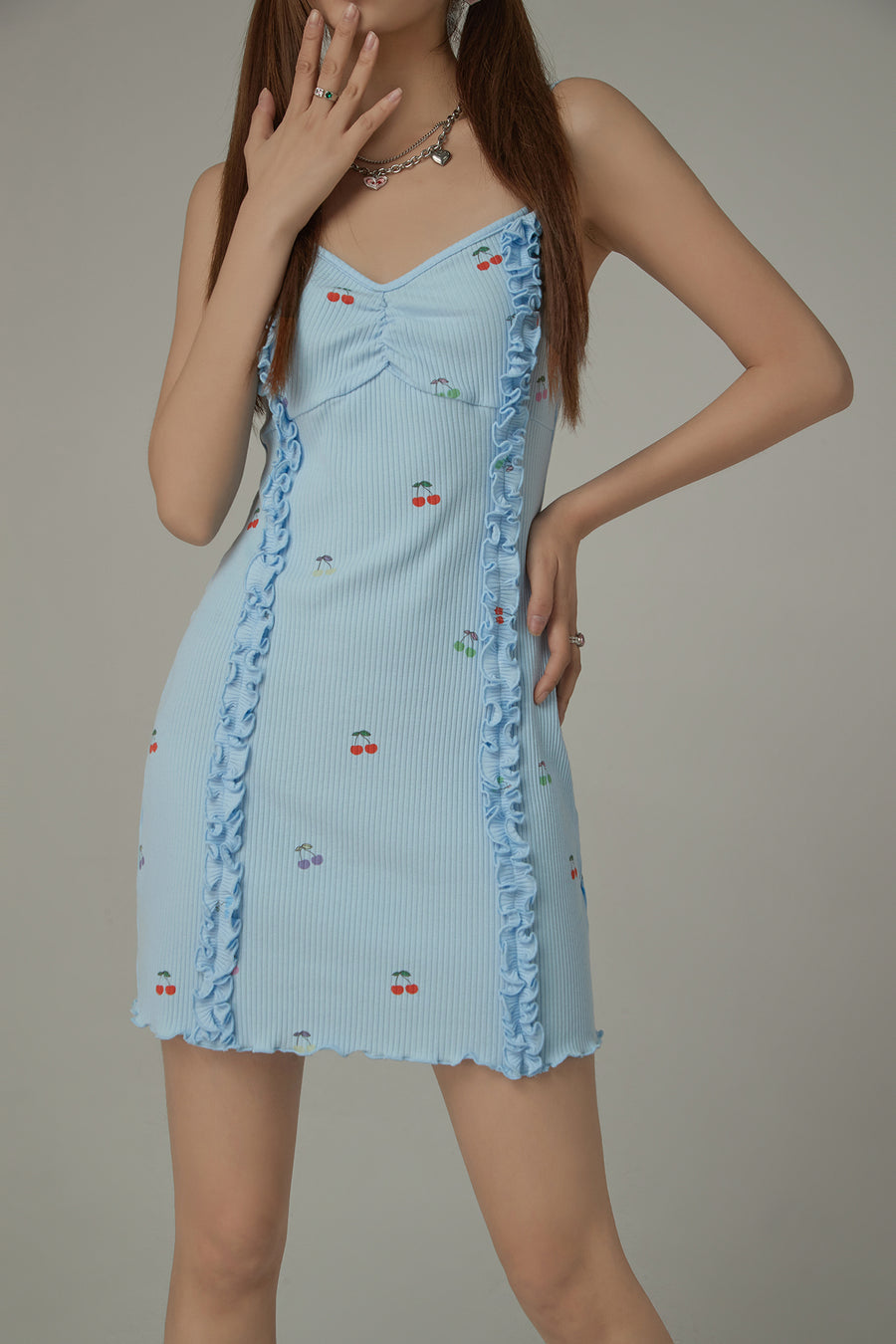 CHUU Cherry Printed Frilly Bustier Sleeveless Strap Mini Dress