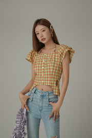 Side Garter Check Buttoned Yellow Blouse