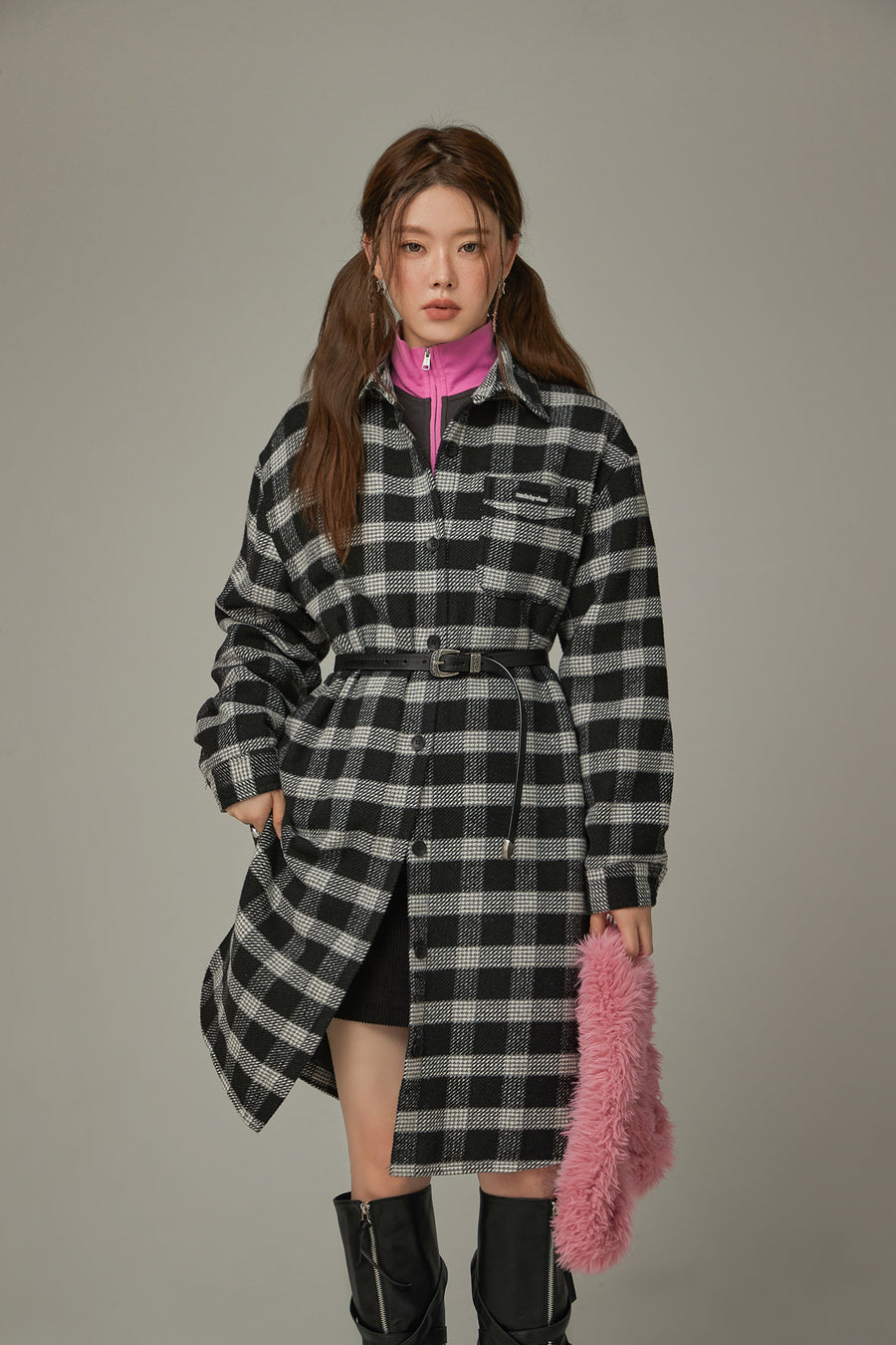 CHUU Check Long Button Coat